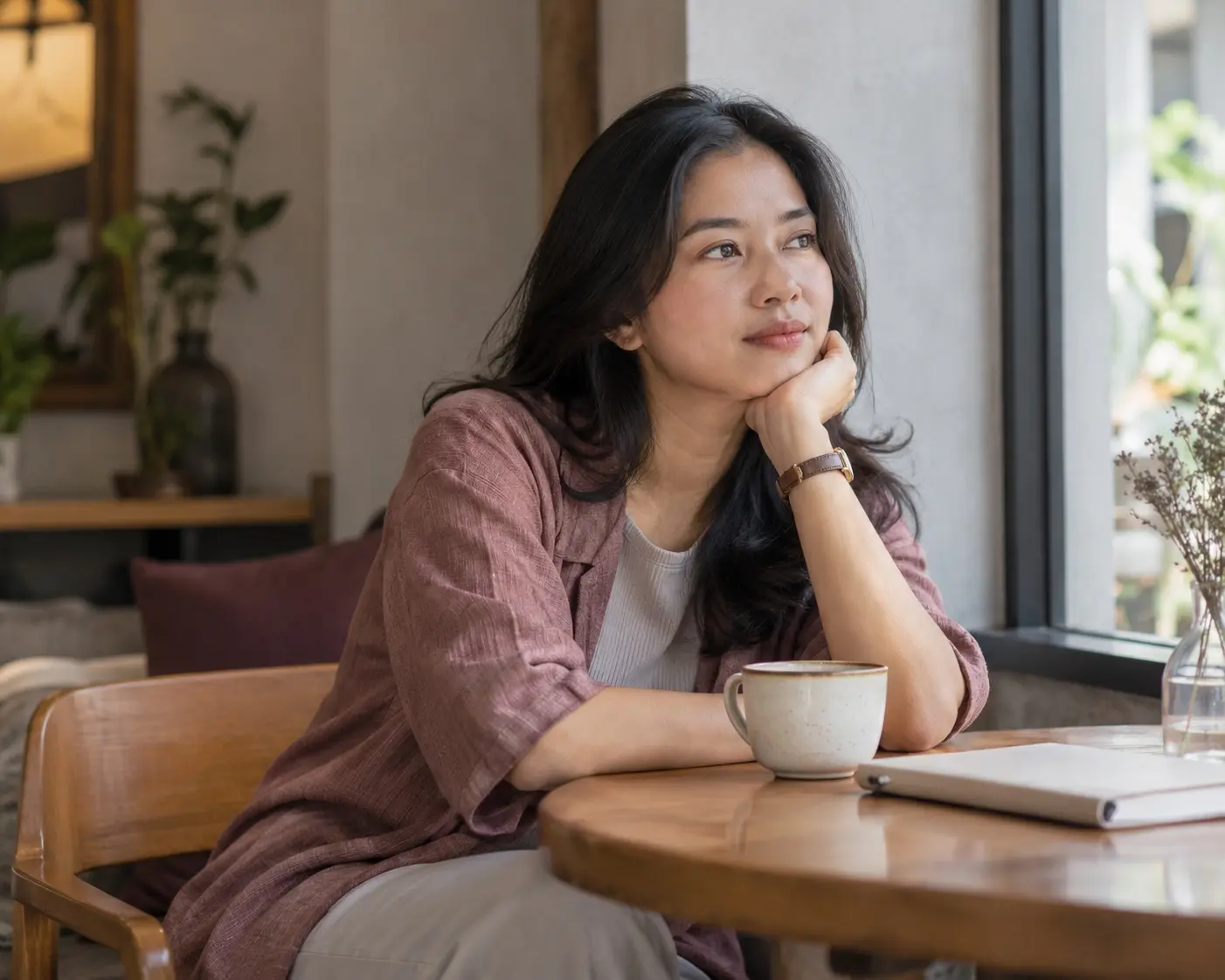 Perempuan profesional duduk tenang sambil memikirkan arah kariernya