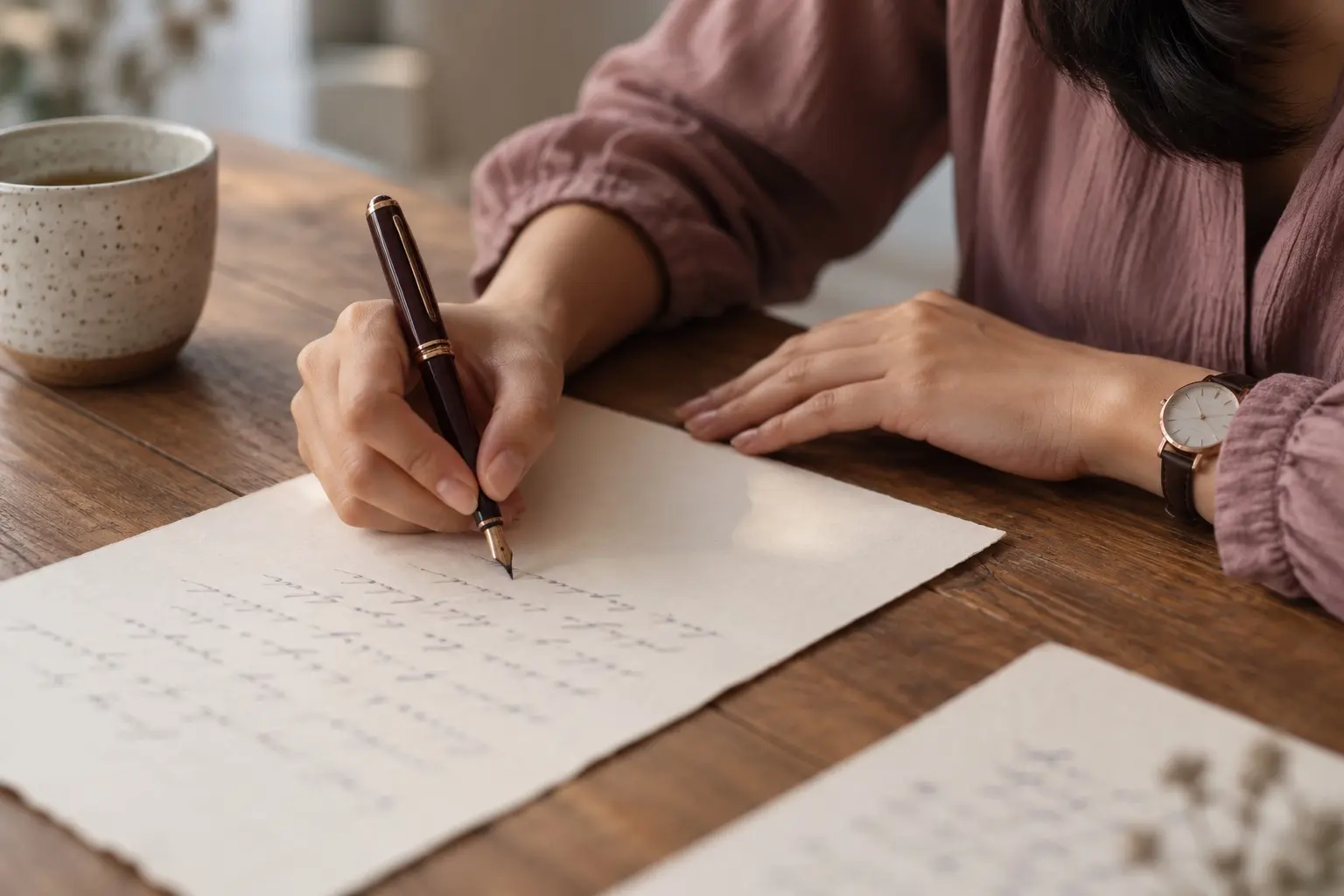 Tangan seorang perempuan menulis refleksi di atas kertas