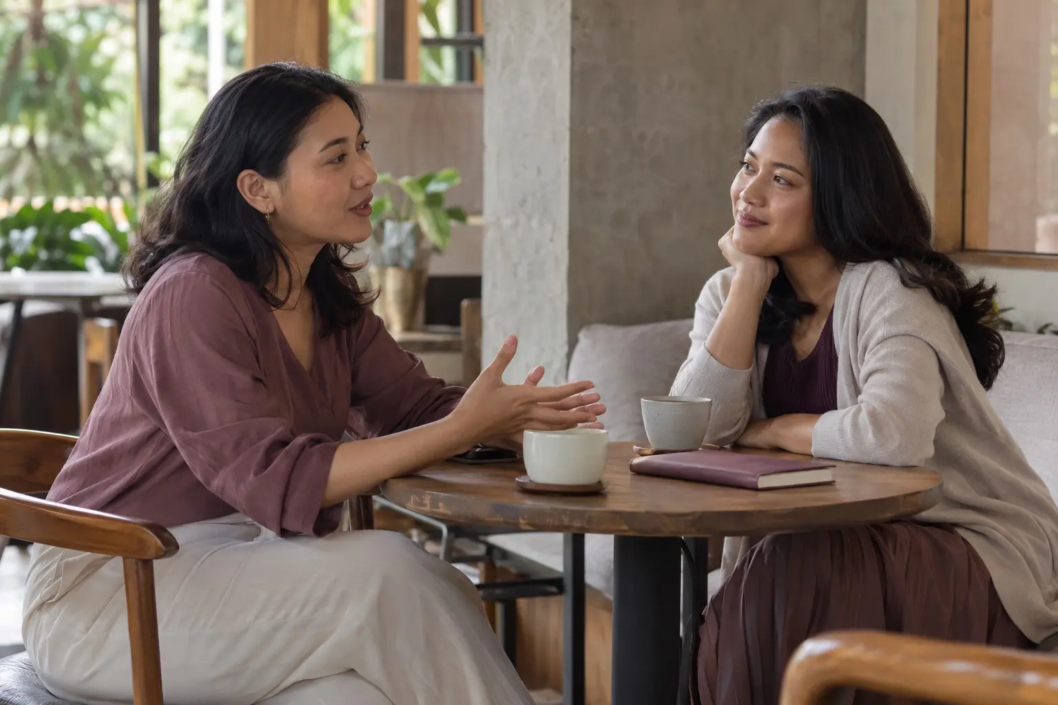 Dua perempuan berbincang dengan tenang dan saling mendengarkan